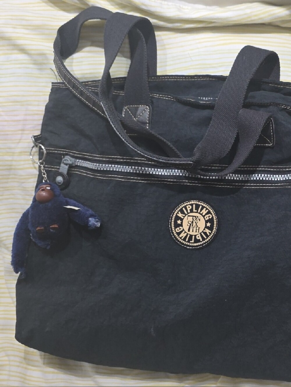 Kipling Black Tote Bag Unisex Blue Monkey Charm Used